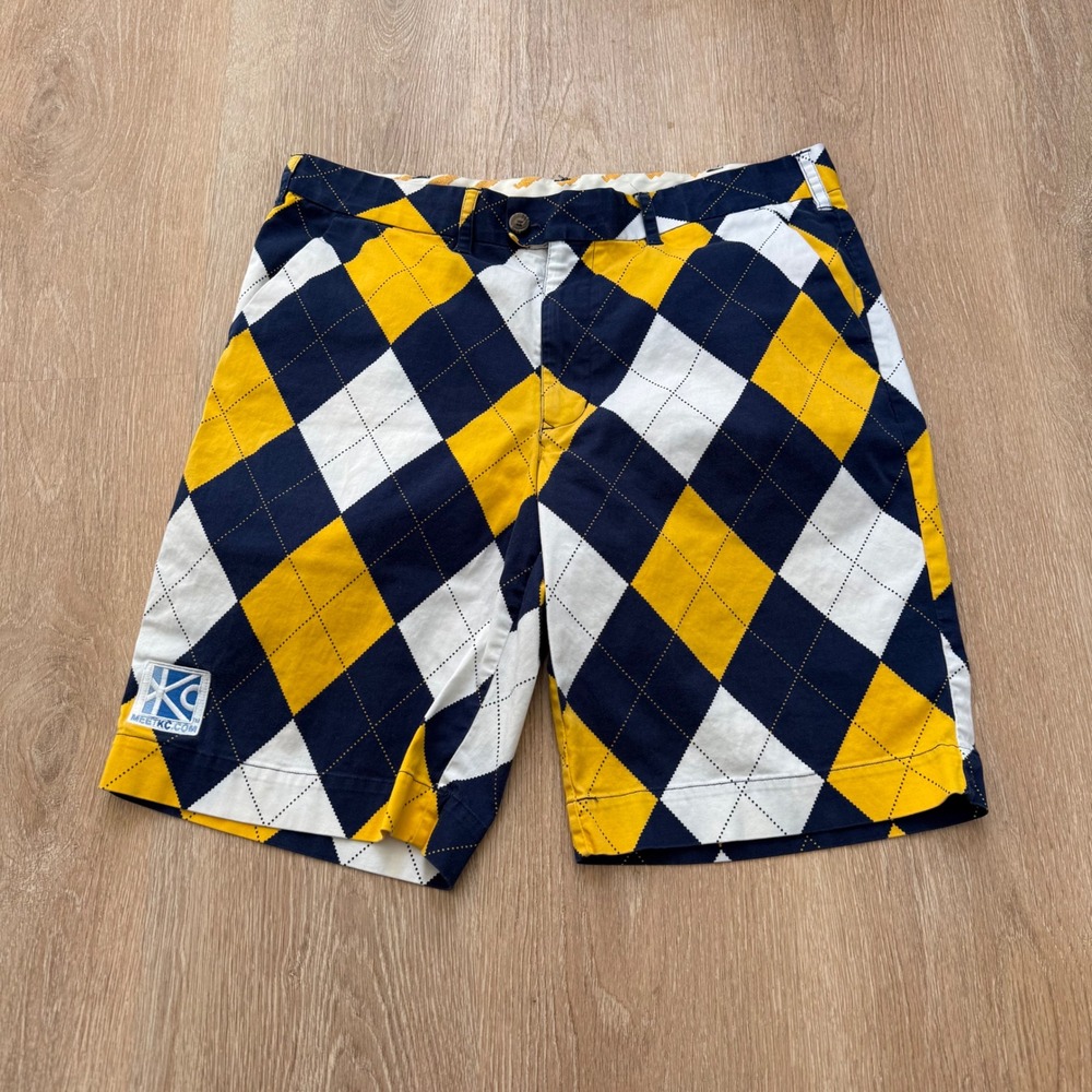 Loudmouth Golf Argyle Shorts Mens 38 Yellow Navy Blue White Stretch Cotton KC